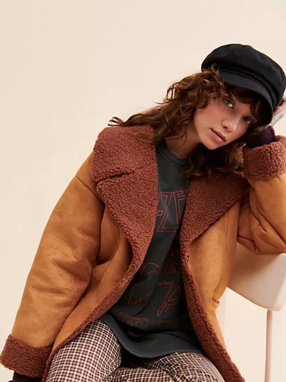 Free People Brown Faux Suede Moto Jacket with Sherpa Trim